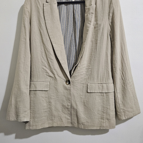 Free People Linen Blend Blazer Tan Beige Striped Lining Size S Coastal Grandma - Picture 4 of 16